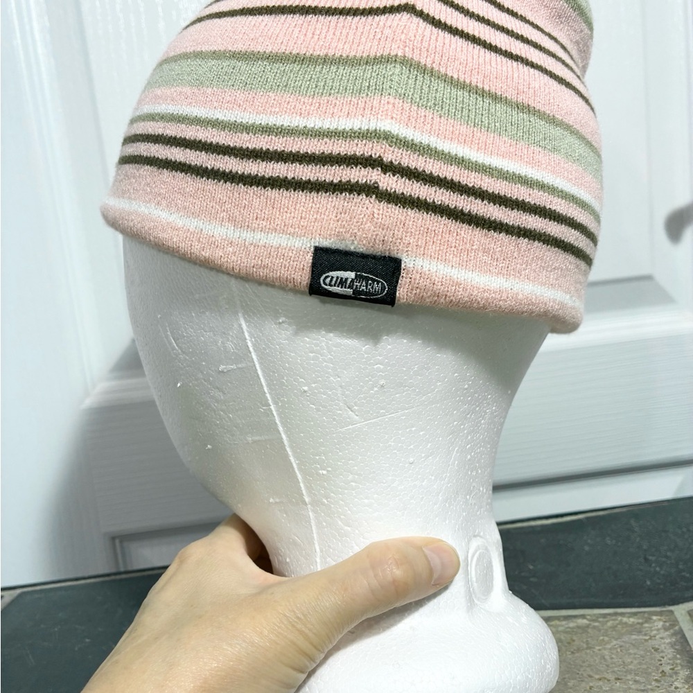 Y2K Adidas Reversible ClimaWarm Beanie Pink Brown White Stripes - Picture 4 of 13
